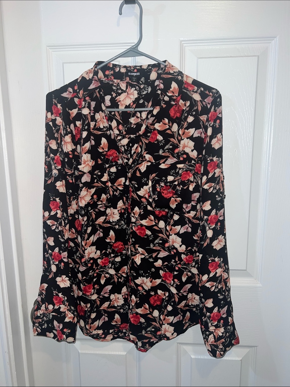 Express Black Floral Button-Down Shirt with Red and Cream Blooms